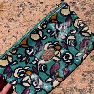 Fossil Teal Floral Coated Canvas Zip Pouch